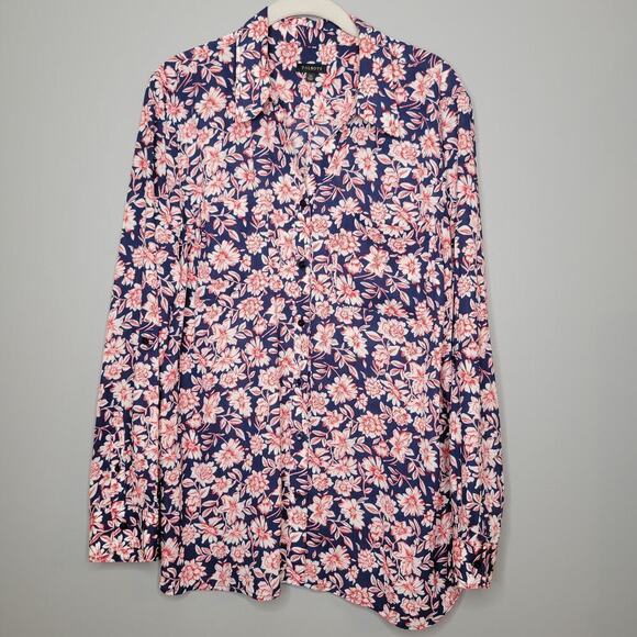 Talbots shirt womens size XL navy blue red floral button up top roll tab sleeves - Picture 2 of 12